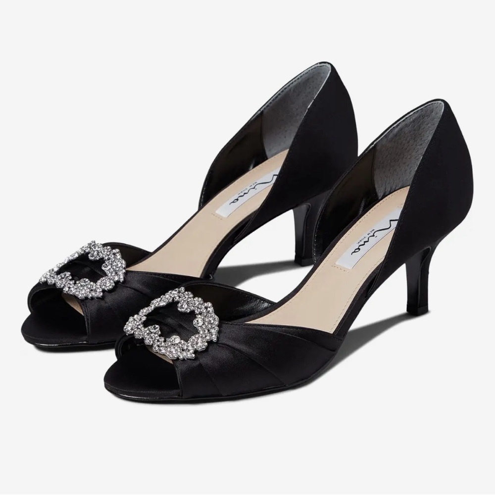 Nina Womens Corrine Black Satin Peep-Toe Rhinestone Heels Shoes - Size 5